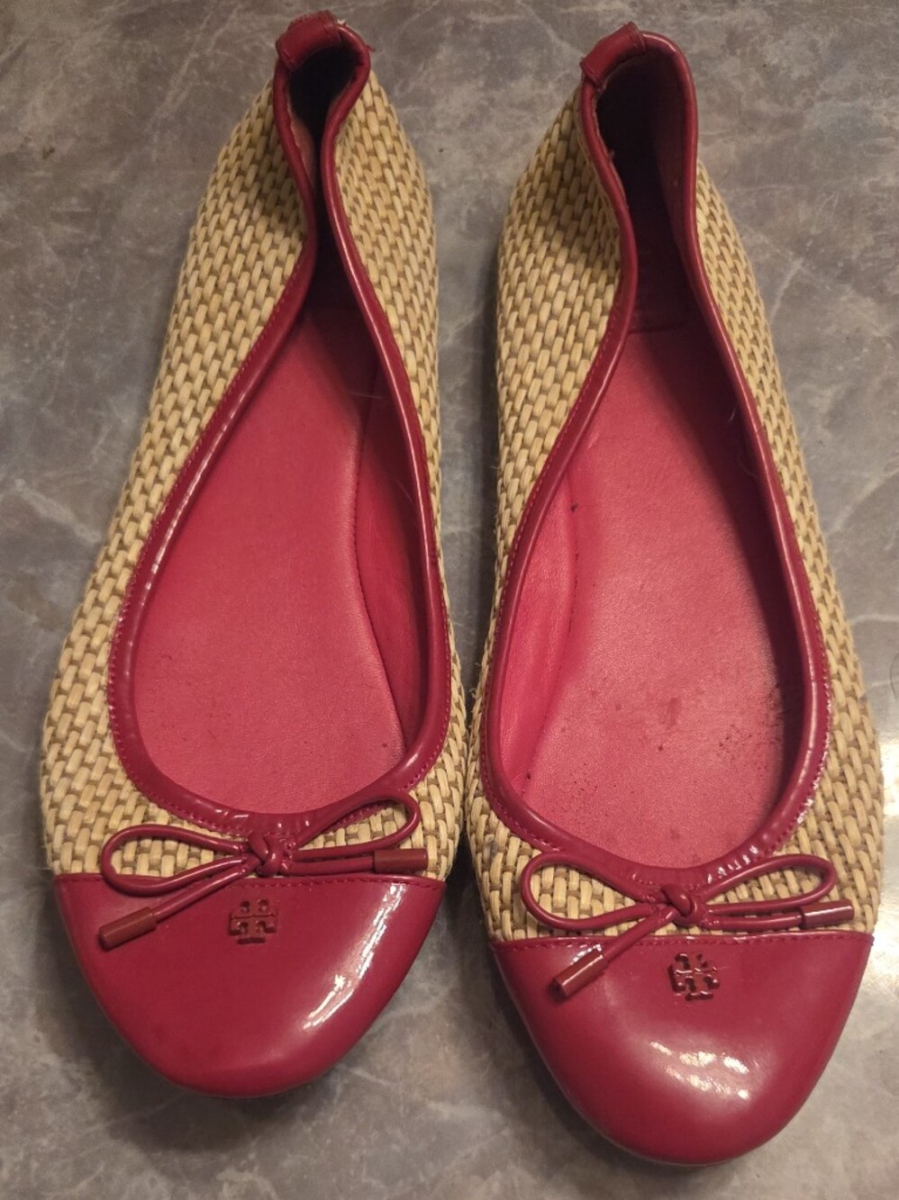Tory Burch Red Patent Leather Bow Raffia Ballet Flats